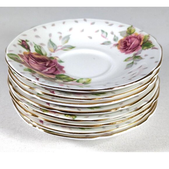 Vintage Paragon Golden Emblem set of 8 saucers, pink cabbage rose double warrent - Picture 1 of 9
